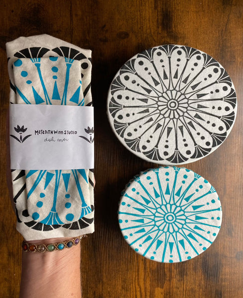 Cloth Dish Covers - Sunflower set (8.5" turquoise, 10.5" black)