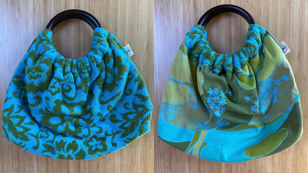 vintage towel purse -  (reversible) wood handle turquoise
