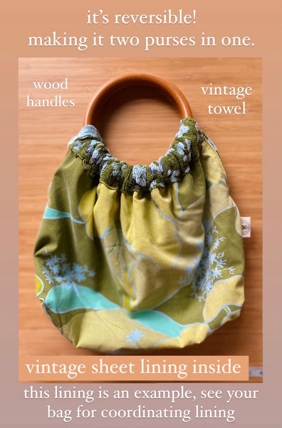 vintage towel purse -  (reversible) wood handle turquoise