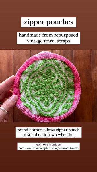 vintage towel zip pouch - turquoise/white flower