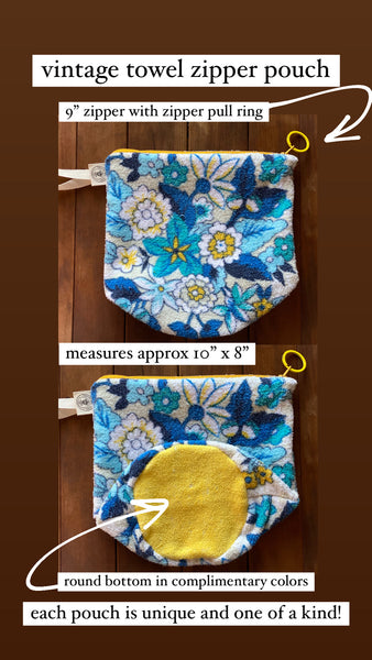 vintage towel zip pouch - turquoise/white flower
