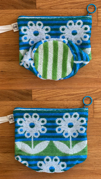 vintage towel zip pouch - turquoise/white flower