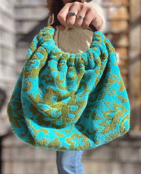 vintage towel purse -  (reversible) wood handle turquoise