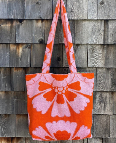 vintage towel tote bag (lined) - orange/pink