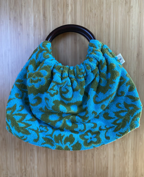 vintage towel purse -  (reversible) wood handle turquoise