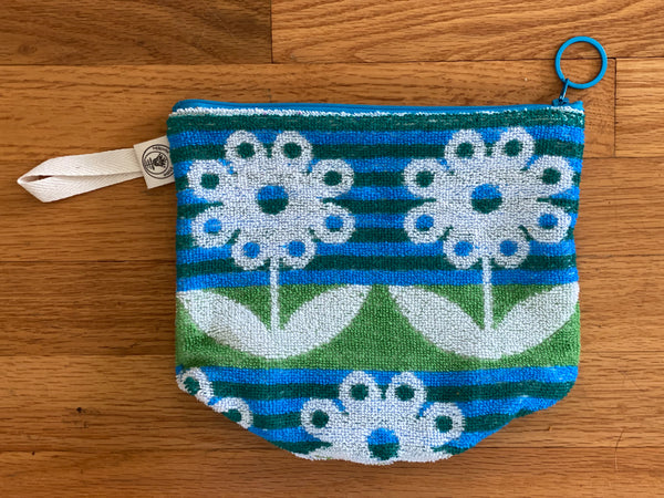 vintage towel zip pouch - turquoise/white flower