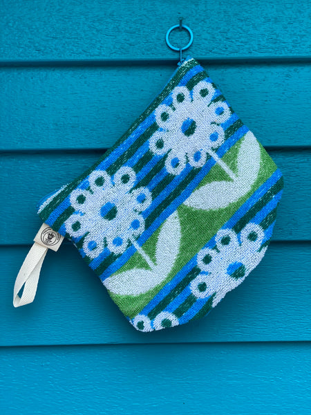vintage towel zip pouch - turquoise/white flower