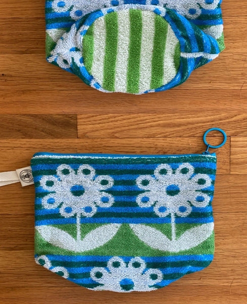 vintage towel zip pouch - turquoise/white flower